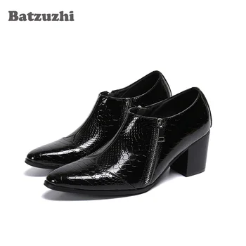 Batzuzhi/ męskie skórzane buty na wysokim obcasie 6,8 cm, czarne skórzane moda buty z ostrym czubkiem na zamek, męskie markowe wieczorne Zapatos Hombre, 38-46