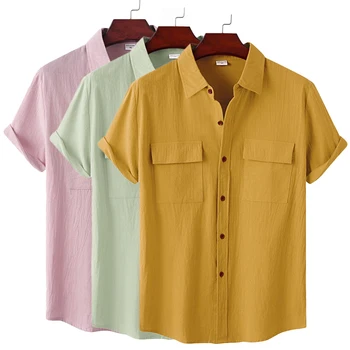 Męska, Bawełniana, Lniana Letnia Koszula Z Krótkim Rękawem, Gładkie Oddychające Hawajskie Plażowe Męskie Koszule Casual Bluzka Dla Mężczyzn