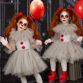 Szary Garnitur dla Dziewczyn Na Halloween, Strój-paczka, Przerażający Klaun, Plac Karnawał Odzież dla Cosplay, Plac Фатиновая Masquerade odzież od 2 do 12 lat